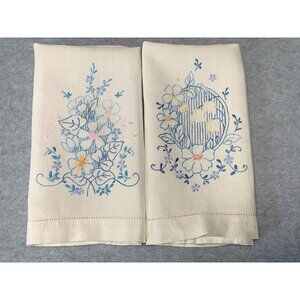 Vintage Hand-Embroidered Floral Linen Finger Towel Set Delicate Patterns & Soft
